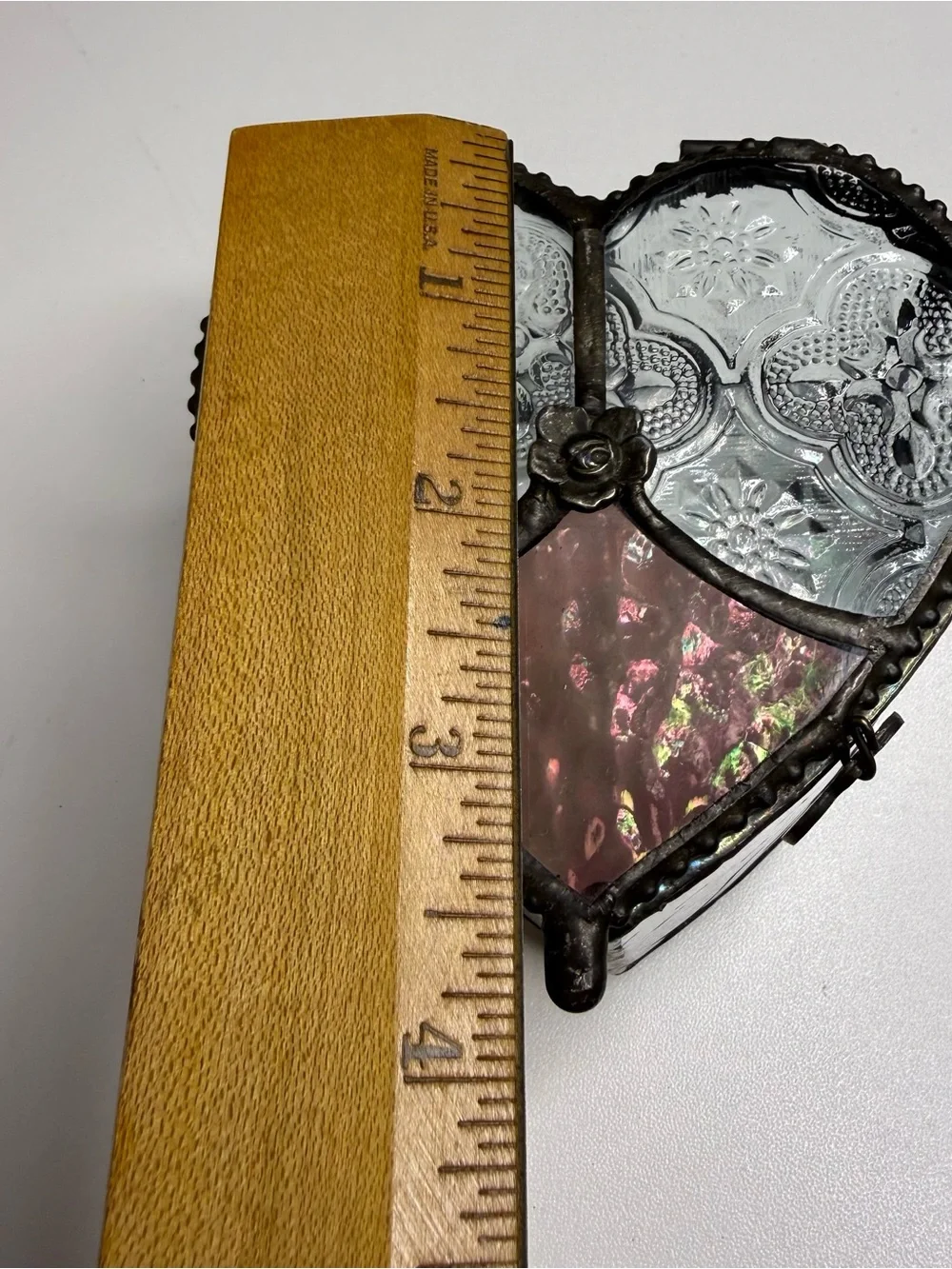 Heart Shaped Stained Glass Trinket Box - Iridescent Pink & Clear